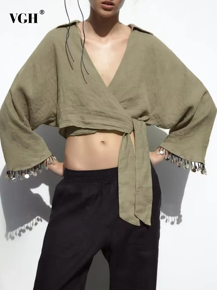 

Женская Асимметричная блузка VGH, однотонная Лоскутная Блузка с v-образным вырезом и длинным рукавом, укороченный топ с блестками в стиле пэчворк, 2023