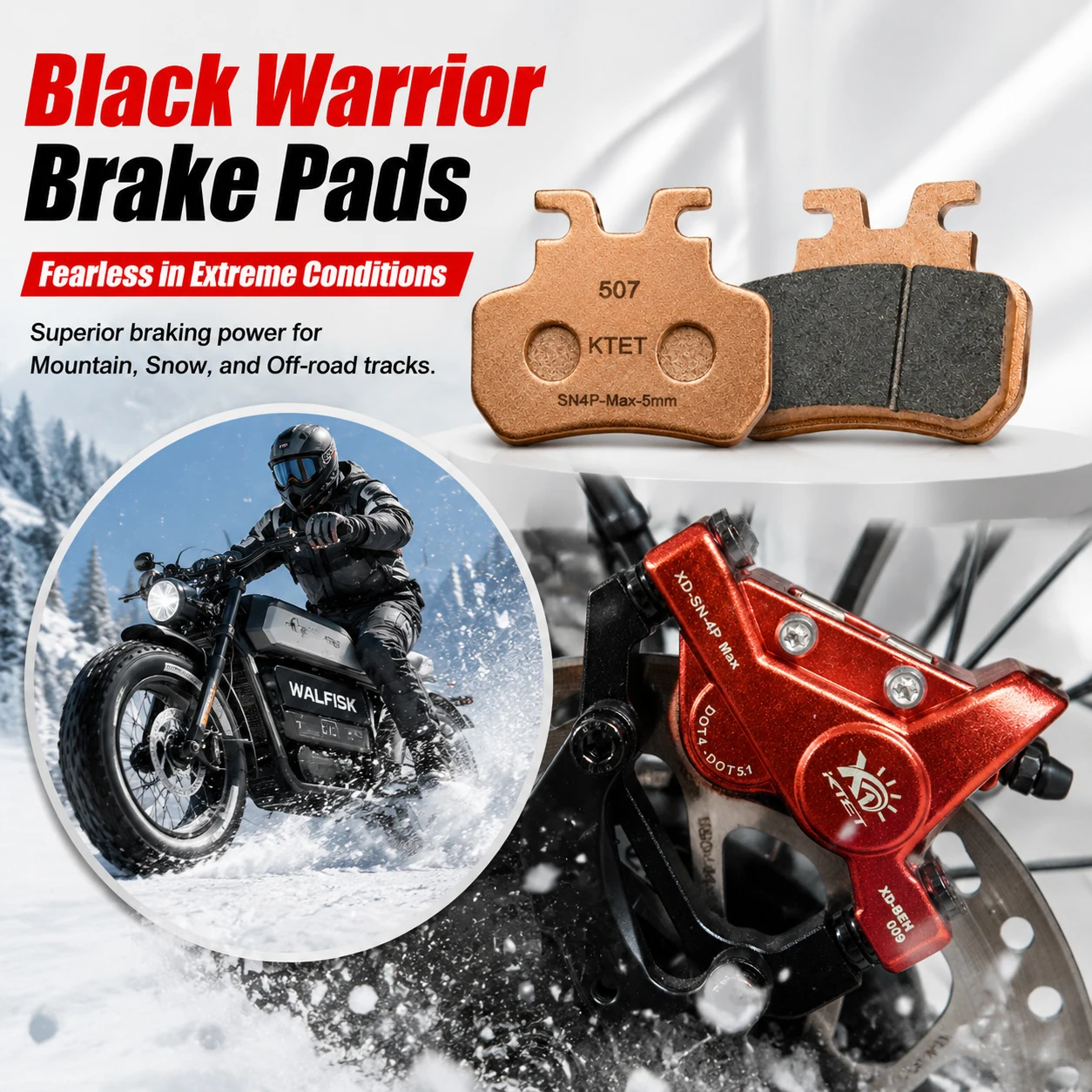 Фото Тормозные колодки Black Warrior полуметаллические Warrior Spirit для WALFISK ET-7, ET-7 Ultra, EKXBike, GTS X22, KTET, SN-V4, XD-SN-4P №1