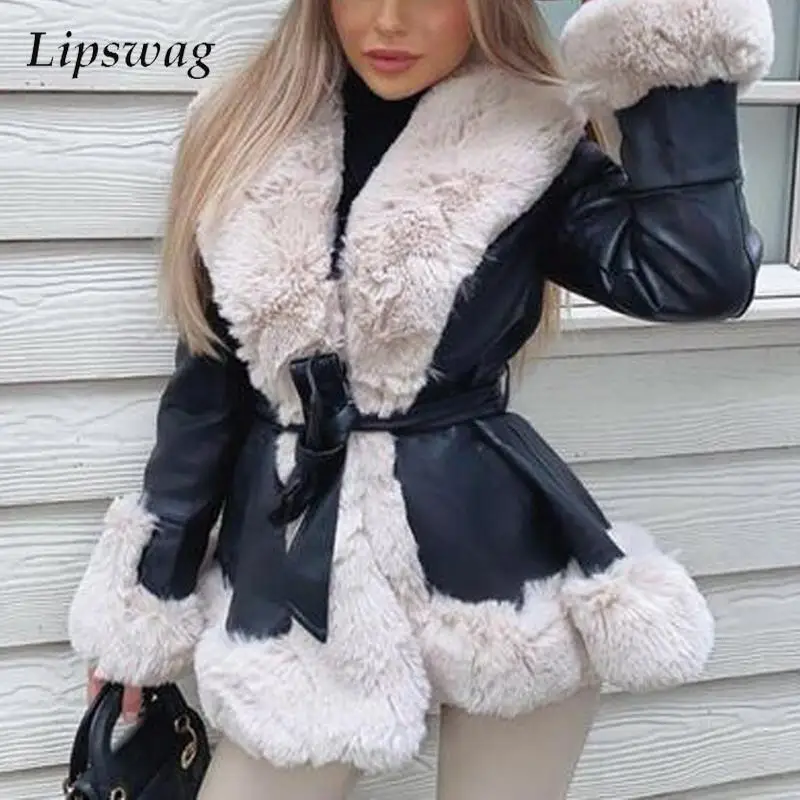 

2022 New Women Pu Leather Short Jackets Fashion Lace Up Waist Fluff Splicing Coat Lady Casual Warm Fake Fox Fur Collar Overcoat