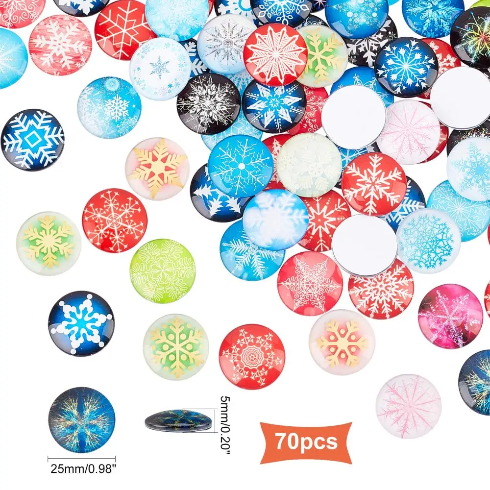 70Pcs Colored Snowflake Pattern Glass Cabochons 25mm Dome Flatback  Spacers for DIY Christmas Theme Jewelry Making Accessories