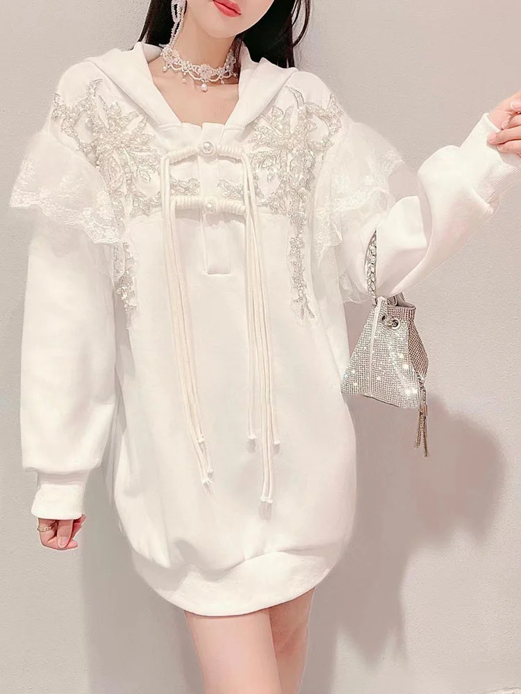 

Design sense of minority heavy industry beaded hoodie women's 2022 autumn dress new lace splicing mid length top