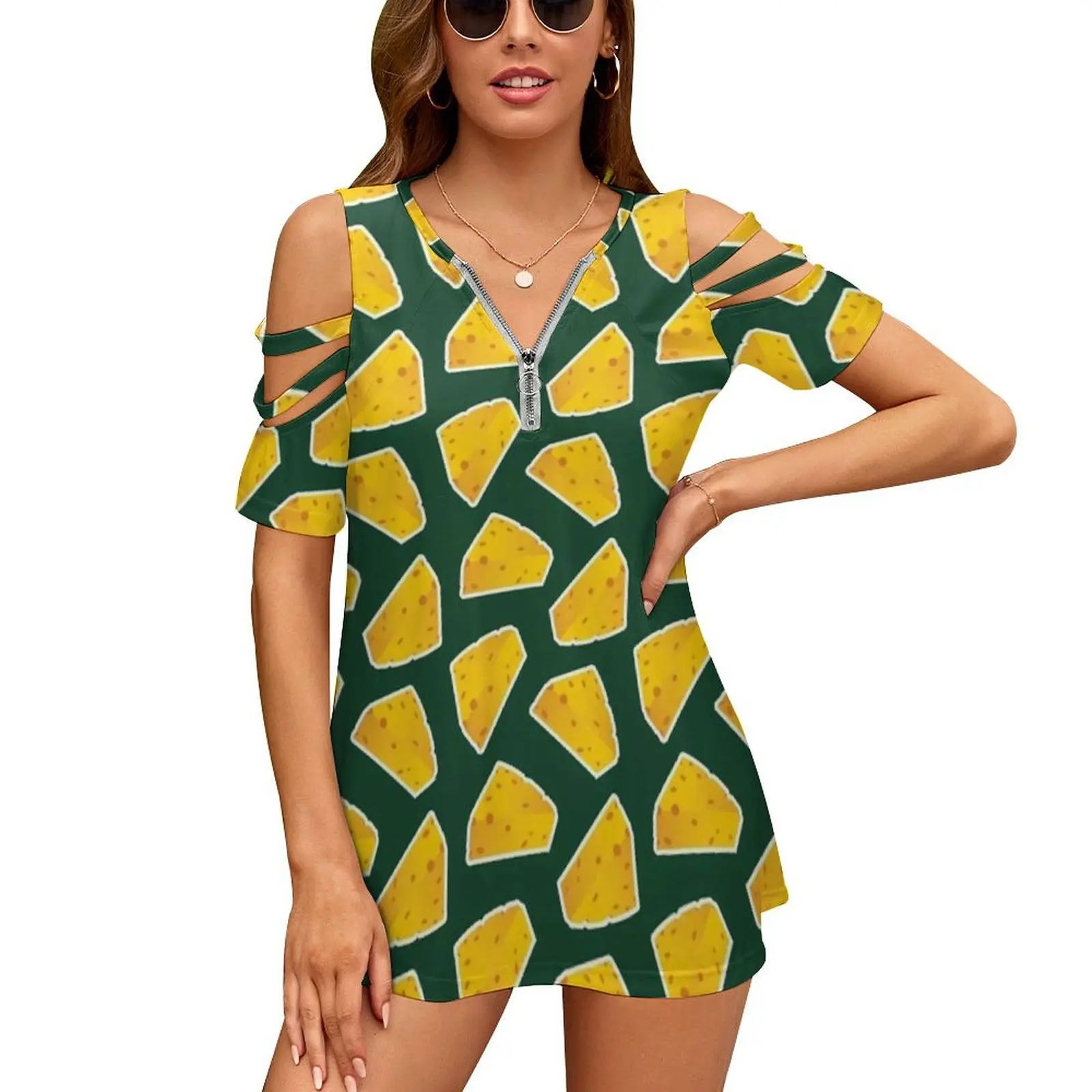 

Pattern , Green Background Women's T-Shirt New Fashion Printed Zipper V-Neck Short Sleeve T Shirts Casual Plus Size Pattern