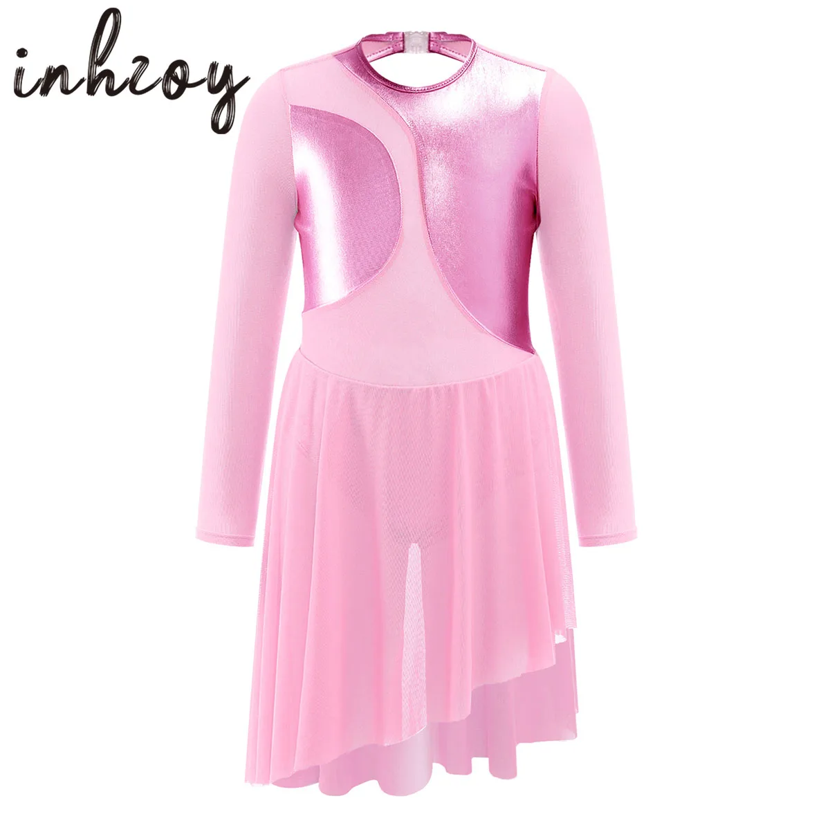 

Kids Girls Long Sleeve Ballet Gymnastics Leotard Dress Metallic Mesh Skirted Figure Ice Skating Moden Lyrical Dance Costumes