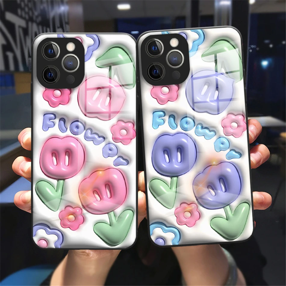 

Lovely flower 3D Cover Pattern Phone Cover For iPhone 11 12 13 14 Pro Max X XR XS Max 8 14 Plus Black Tempered Glass bumper Case
