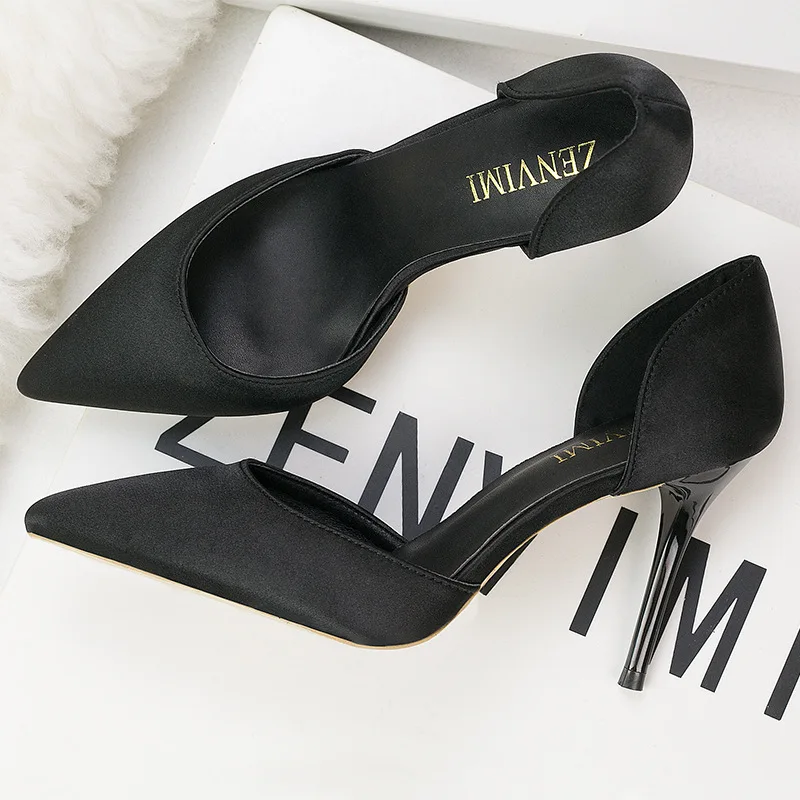 2022 Korean Elegant Solid Silk Shallow Women Sandals Black Pink High Heels Summer Pumps Pointed Sexy Hollow Office Ladies Shoes