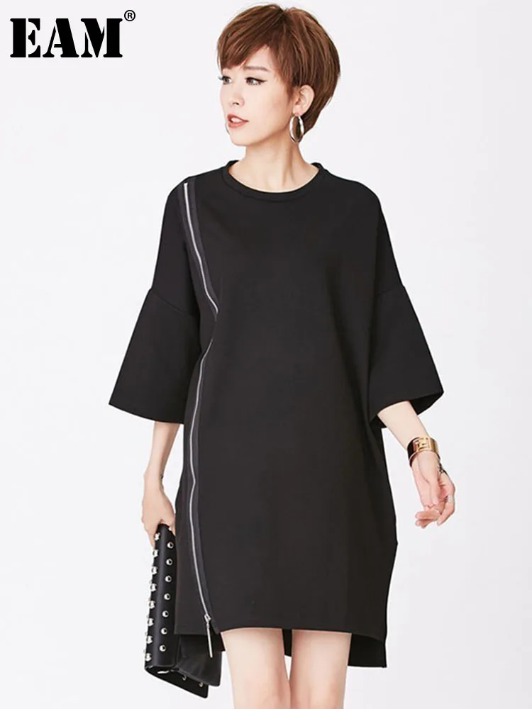 

Женское платье с круглым вырезом EAM, черное платье с длинными рукавами и молнией, большие размеры, весна-осень 2022