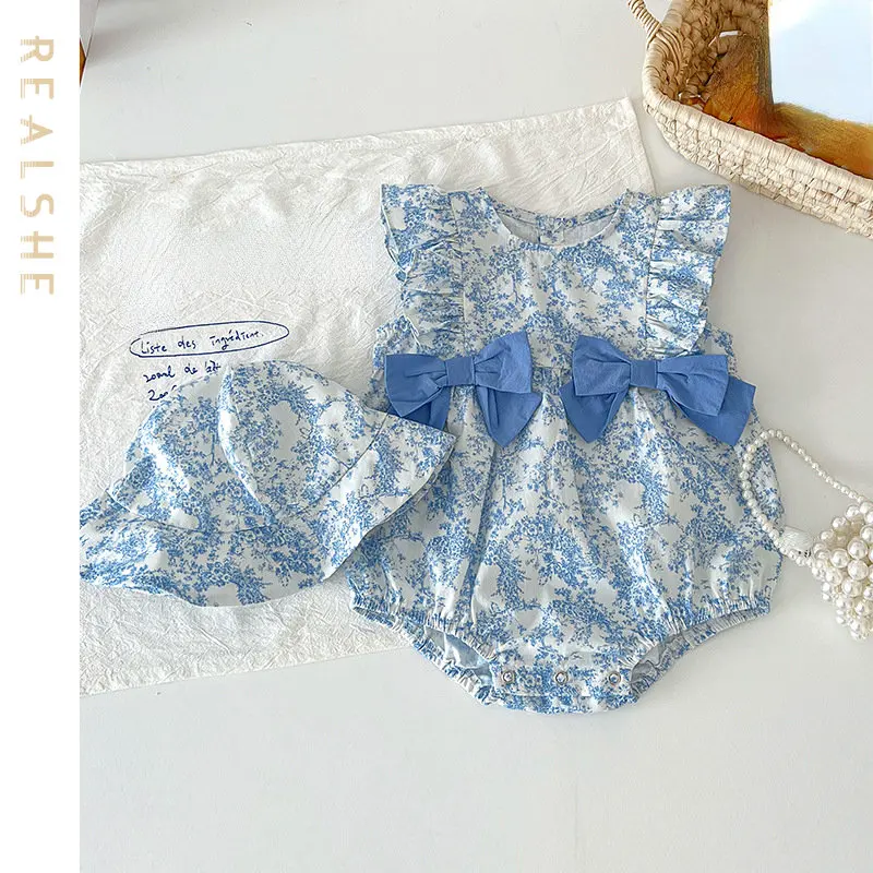 

2023 New Newborn Baby Girls Floral Romper for Babies Clothes Sleeveless Bow Flowers Romper and Hat 2pcs Sweet Jumpsuit