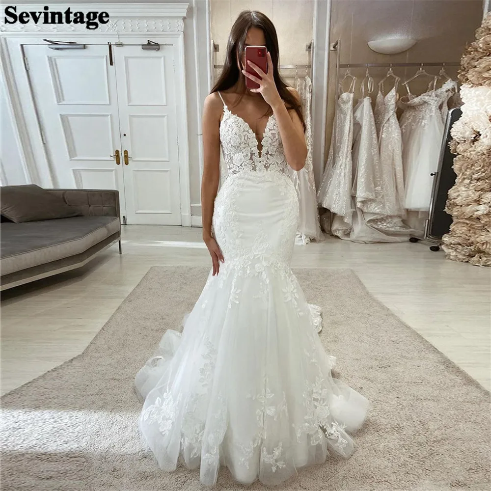 

Sevintage Mermaid V-Neck Ivory Wedding Dress 2024 Lace Spaghetti Strap Ruched Sexy Court Train Vintage Boho Bridal Gown Vestidos