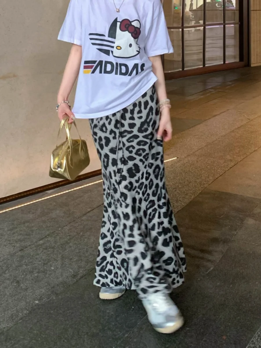 Gaganight Женская Ретро серая леопардовая длинная юбка с принтом рыбий хвост летняя