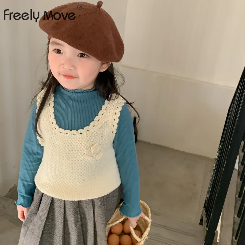 

Freely Move 2022 Children Knitted Vest Autumn Cotton Baby Girl's Lace Pullover Vest Baby Square Collar Sleeveless Short Vest