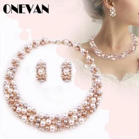 simple imitation pearl elegant bridal jewelry crystal necklace earrings for girl party gift rhinestone engagement jewelry sets