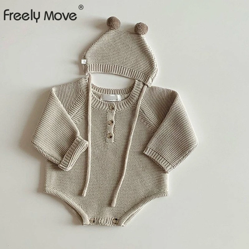 Freely Move 2022 New Toddler Baby Boys Girls Knitted Bodysuit Autumn Infant Jumpsuit Knitwear Outfits Newborn Baby Sweater + Hat