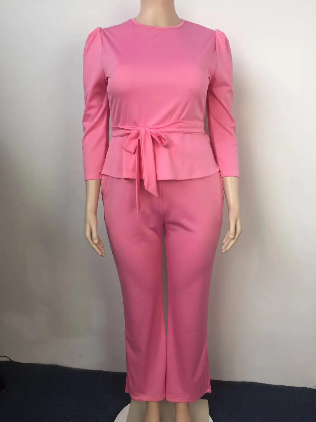 Plus Size Women Clothing Solid Ribbon Long Sleeved Trousers Large Two Piece Set Women Office Lady Woman Clothes Outfits O-Neck