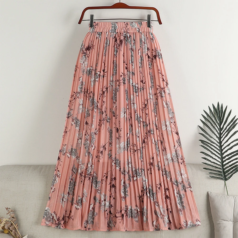 

Women Summer Chiffon Skirts Retro Kawaii Floral Printed Beach Boho Midi Skirt Female Elegant Maxi Pleated Skirts VD3930