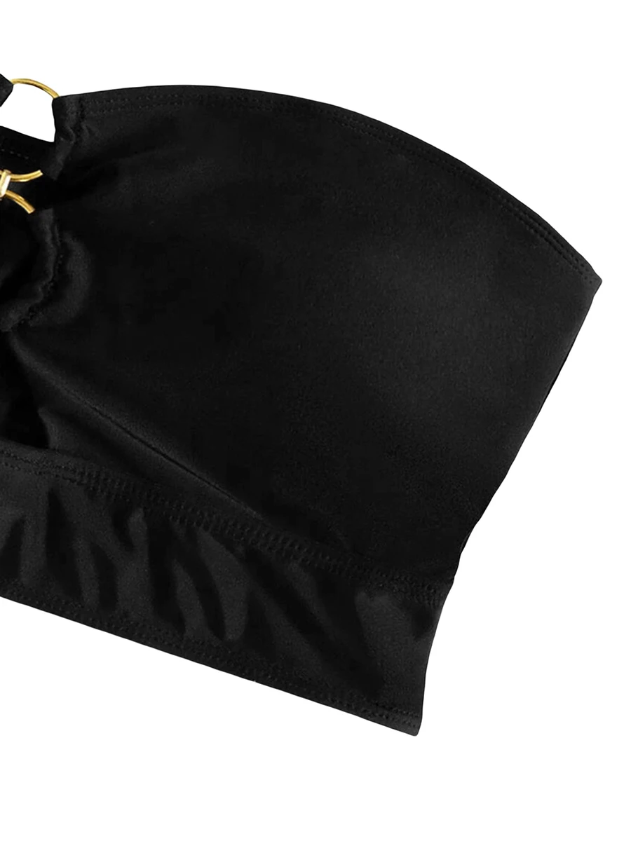 

Stylish Black Off-Shoulder Bandeau Mini Bikini Top with Hollow Design for Women s Sexy Summer Swimwear