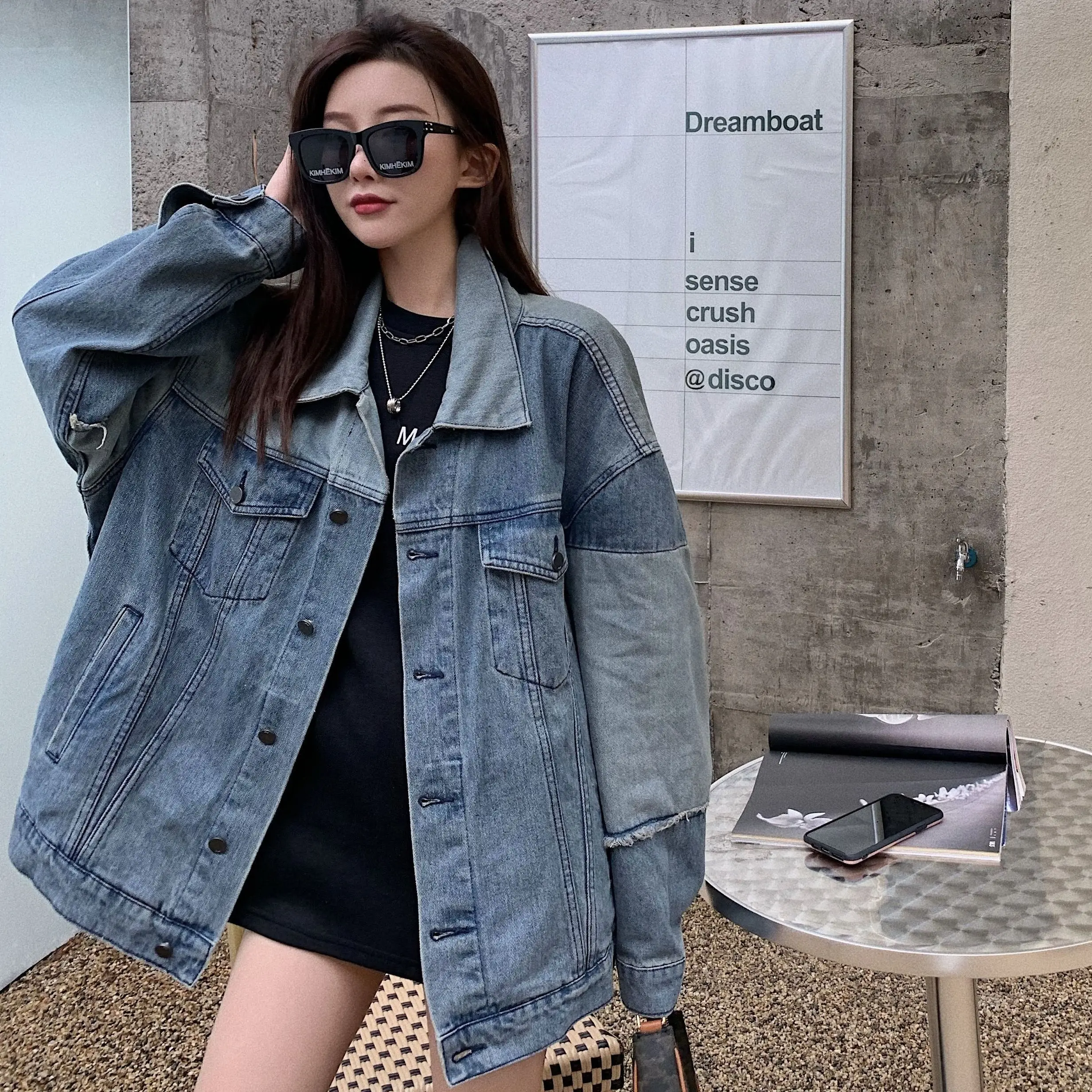 

2022 New Autumn Cowboy Coat Women Hong Kong Style Chic Design Top Loose Women Color Blocking Long Sleeve Versatile Free Shipping