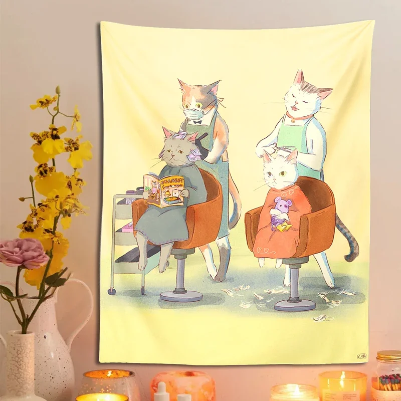 Гобелен с мультяшным котом на стену ткань принтом в стиле бохо для стрижки милым