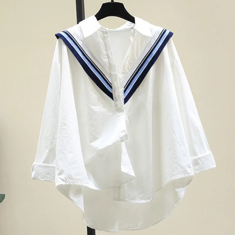 

Long Sleeve Women Shirts Button Up Casual Cotton Ladies Blouses Splicing Striped Fashion Korean Style Polo-Neck Collar Tops