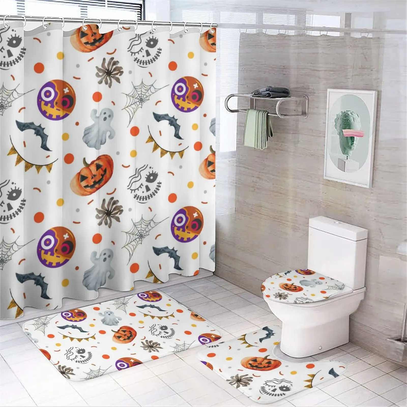 

DecorationSet of 4 Printed Shower Curtain Decoration Bathroom Waterproof Cover Screen Cushion Toilet Cover