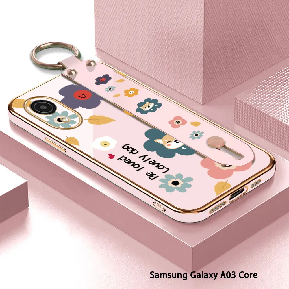 

(With Wristband) For Samsung Galaxy A03 Core A03s A04 A04E A02 A02s A01 Flower Cover Luxury Plating TPU Phone Case