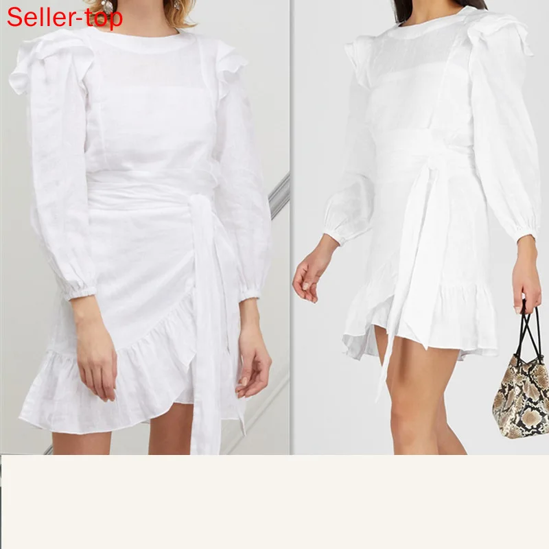 Cotton Linen Dresses White Ruffle Dress Long Sleeve Long Belt Slim Asymmetric Fashion Dress Vestidos Robe Femme Vetement