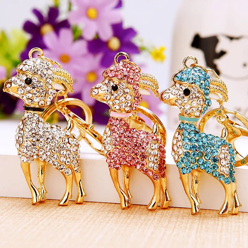 

White Blue Pink Goat Sheep Cute Crystal Charm Purse Handbag Car Key Keyring Keychain Party Wedding Birthday Gift