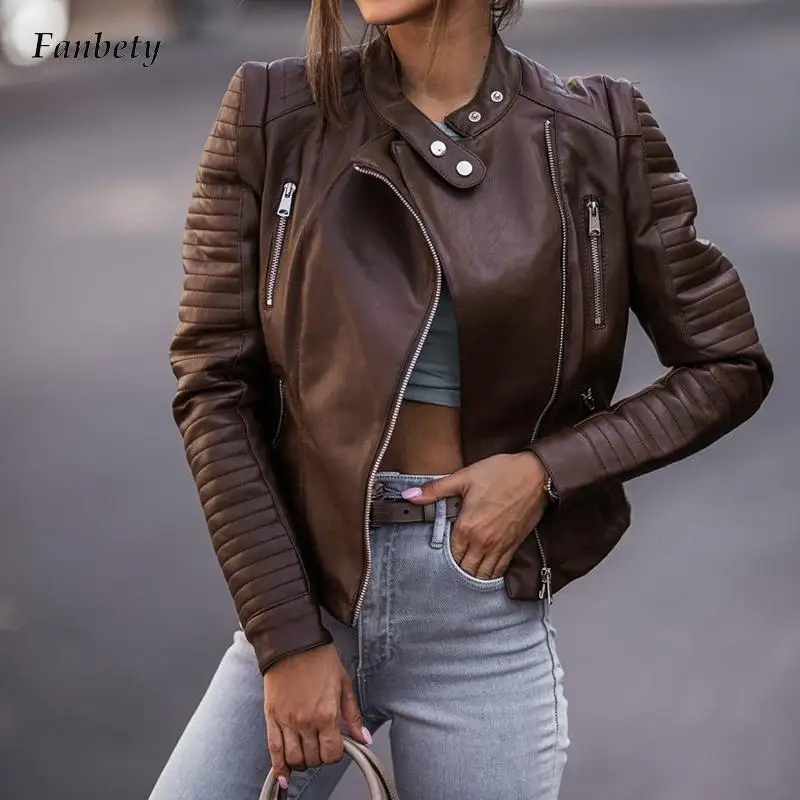 

Elegant Stand Collar Zipper Leather Coat Fashion Button Long Sleeve Solid Outerwear 2022 Autumn Winter Casual Motorcycle Jackets