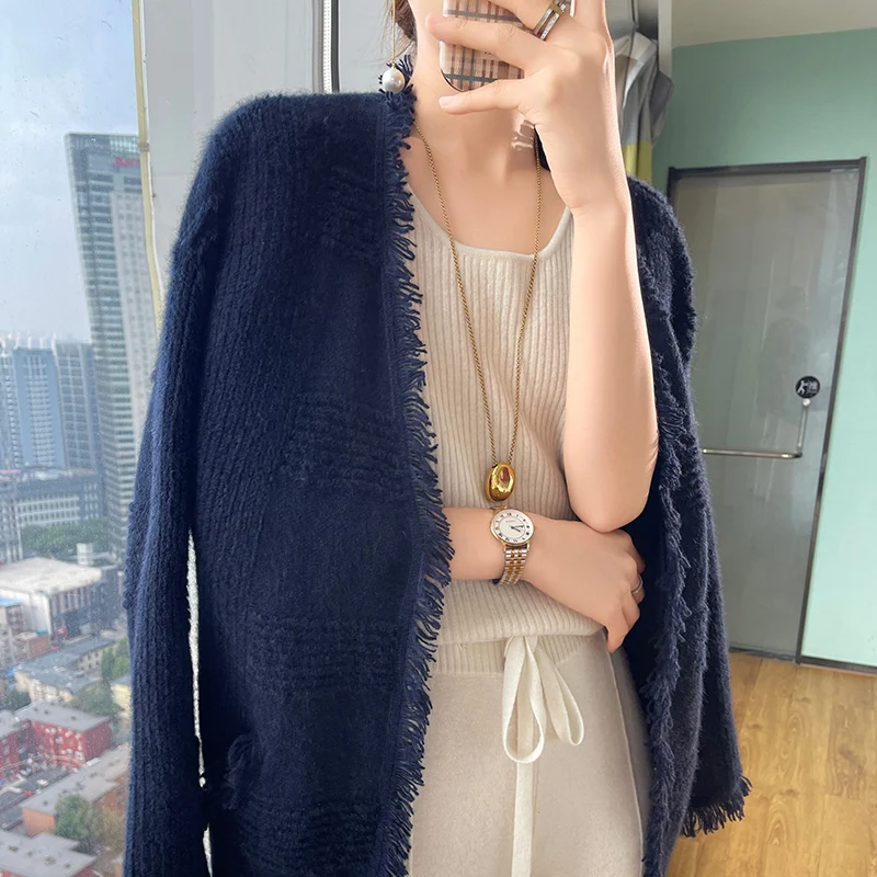 Повседневный свободный кашемировый вязаный женский кардиган свитер с V-образным