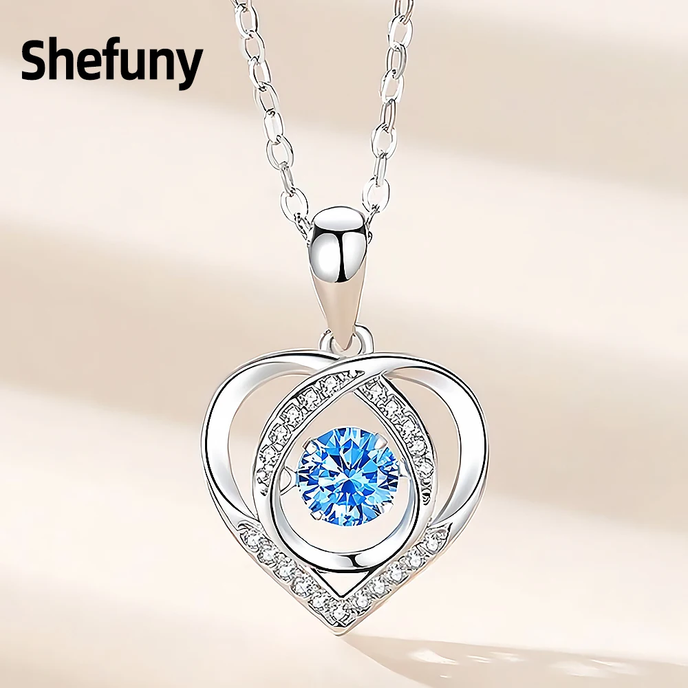 

New 925 Sterling Silver Heart Pendant Chain Round Blue Cubic Zirconia Infinite Love Necklace For Women Fine Jewelry Wedding Gift