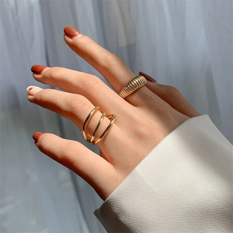 

925 Sterling Silver Geometric Striped Open Ring Female Ins Trendy Fashion Minority Design Light Luxury Normcore Style Ring