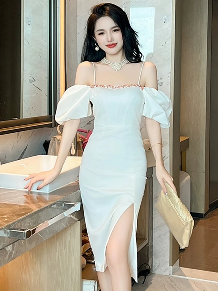 Женское атласное платье с открытыми плечами элегантное в Корейском стиле для