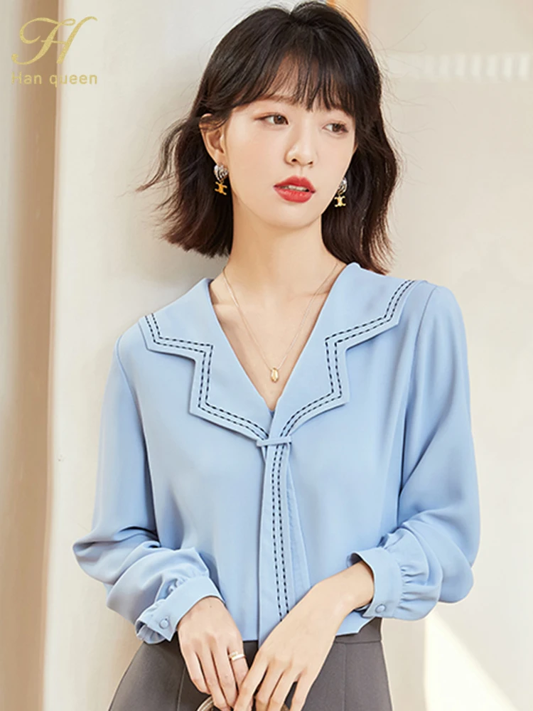 

Женская винтажная шифоновая блузка H Han Queen, корейский стиль, повседневные офисные рубашки контрастных цветов, элегантные блузки