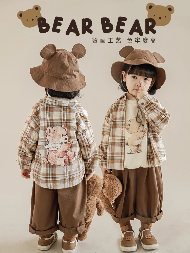 

Children's Classic Plaid Shirt Neutral Style Spring New Baby Cartoon Print Bear Puff Sleeve Top