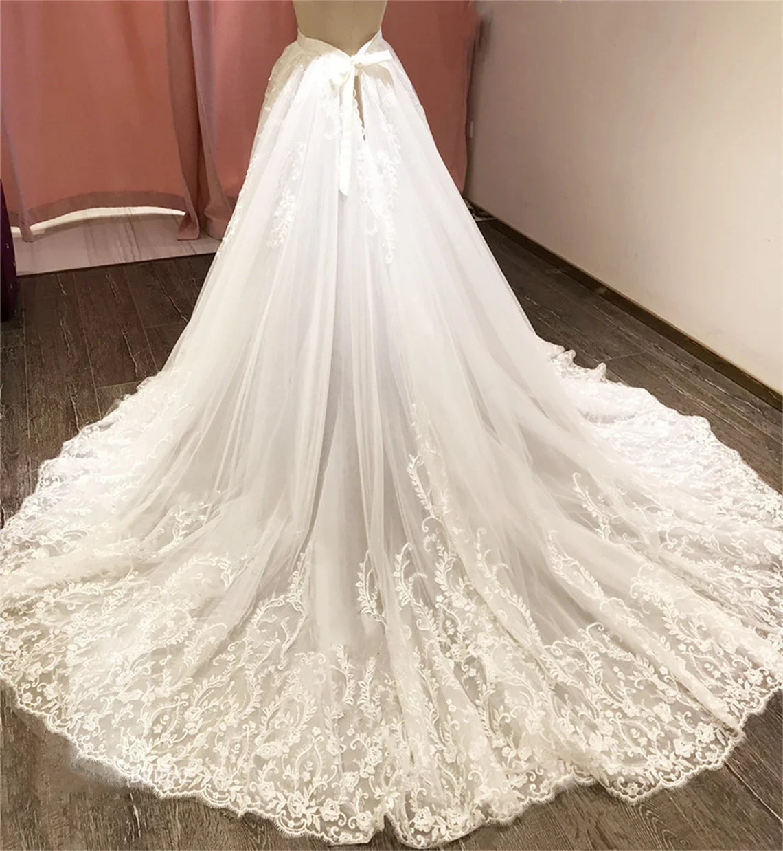 E JUE SHUNG Luxury Lace Appliques Wedding Detachable Skirt Removable Train for Dresses Bridal Overskirt