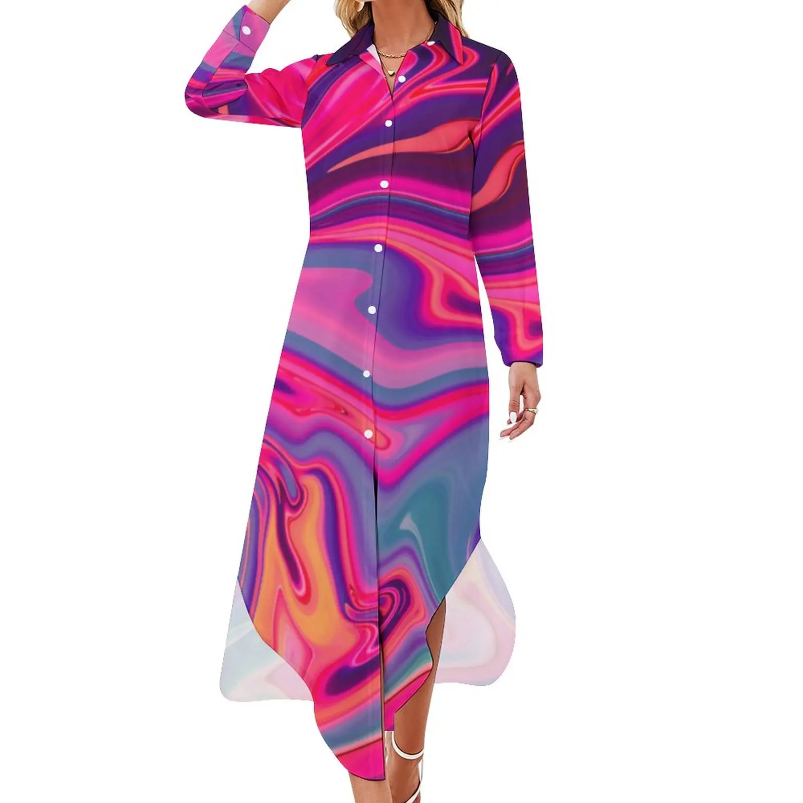 

Neon Liquid Chiffon Dress Marble Abstract Print Modern Dresses Streetwear Casual Dress Ladies Sexy Printed Clothes Large Size