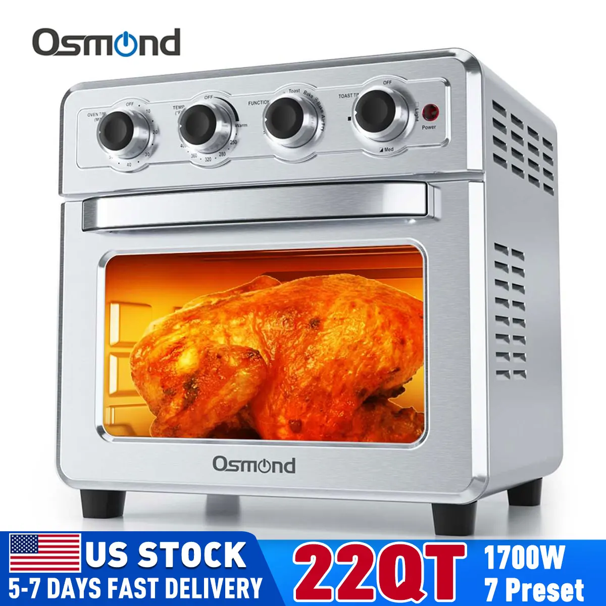 

OSMOND 22QT 1700W Electric Air Fryer Oven Rotisserie Dehydrator Convection Toaster Timer 7 in 1 Presets menu Countertop Oven