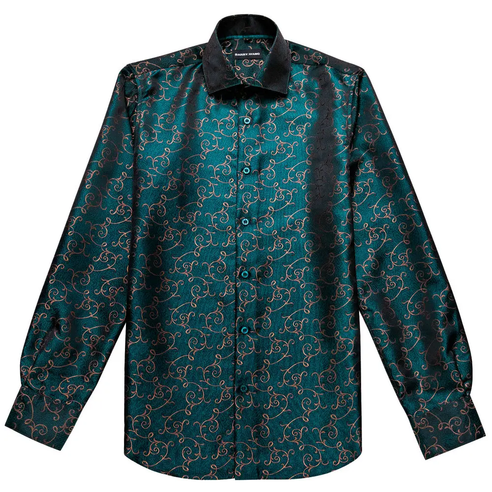 New Luxury Gold Silk Shirt Men Vintage Long Sleeve Shirt Paisley Floral Spring Autumn Casual Fit-Dress Party Male Barry.Wang