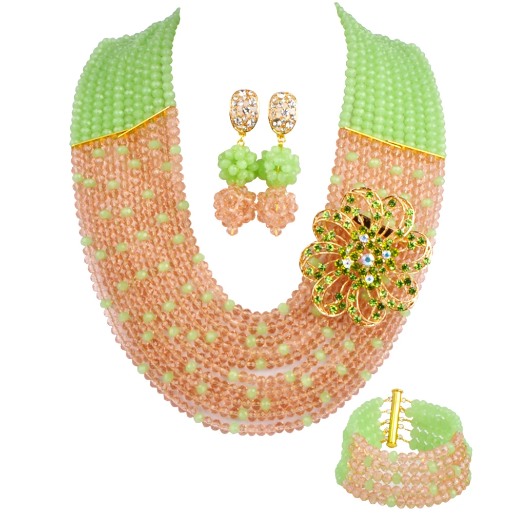 

10 Rows Mint Green and Peach Fashion Necklace African Jewelry Sets Crystal Beads Bridal Party Jewelry