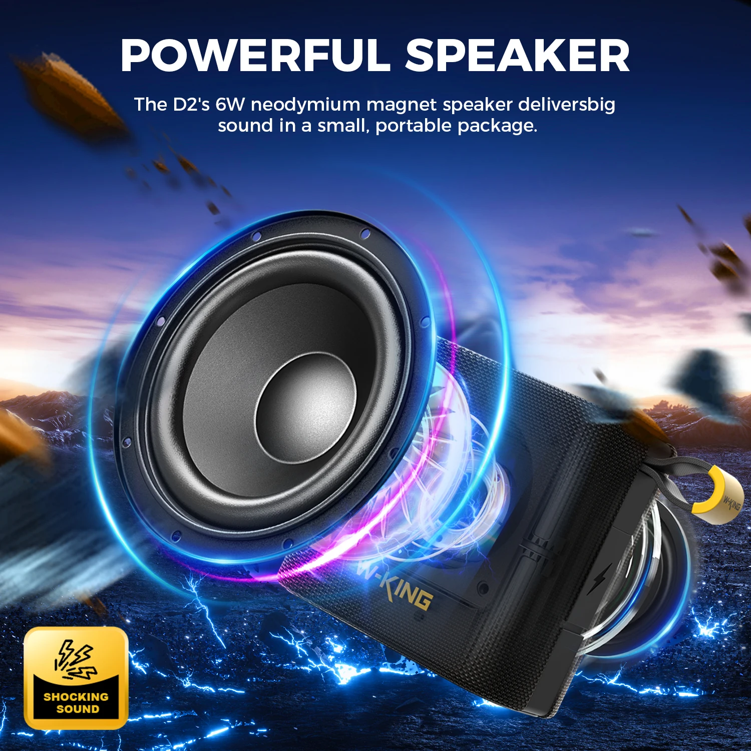 Фото Bluetooth-динамик W-KING D2, водонепроницаемые громкие беспроводные динамики IPX7, Bluetooth 5.4, портативный уличный динамик со звуком HD №2