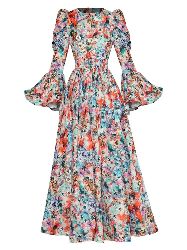 

Designer Fashion Spring New High Quality Women's Flare Sleeve Workplace Party Casual Vintage Elegant Chic Midi Print Dress