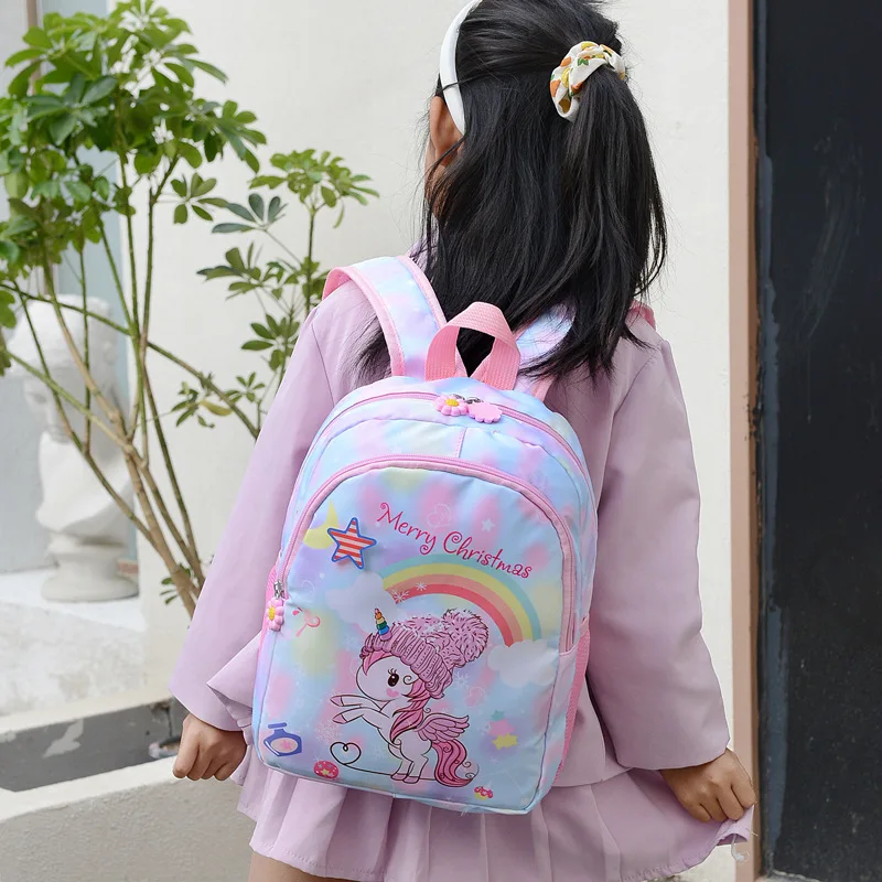 New Children's Korean Version Cartoon Lovely Unicorn Rainbow Kindergarten Nylon Backpacks for Girls and Boys Large Capacity