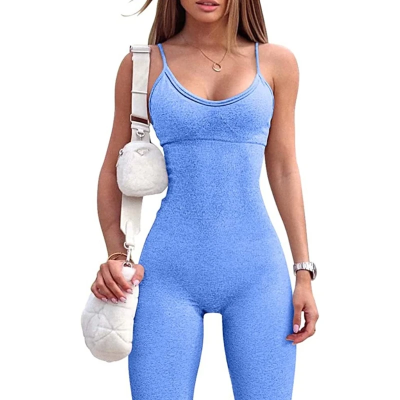 

Sleeveless Pant Jumpsuit Crew Neck Skinny Open Back Suspenders for Womens Girl