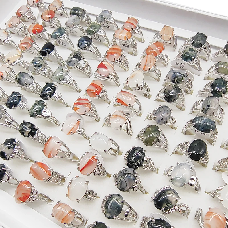 

20/50pcs/Lot Factory Mix New Design Oval Natural Agate Stone Finger Rings for Women Veinsagate Persoanlity Wedding Jewelry Girls
