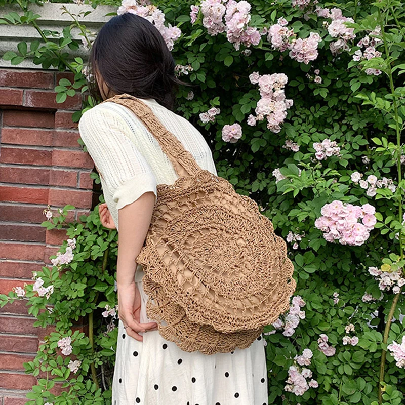 Striped Beach Straw Bag Large Capacity Shoulder Bag For Women Handmade Woven Handbag Raffia Rattan Bag Vacation Casual Tote Bag