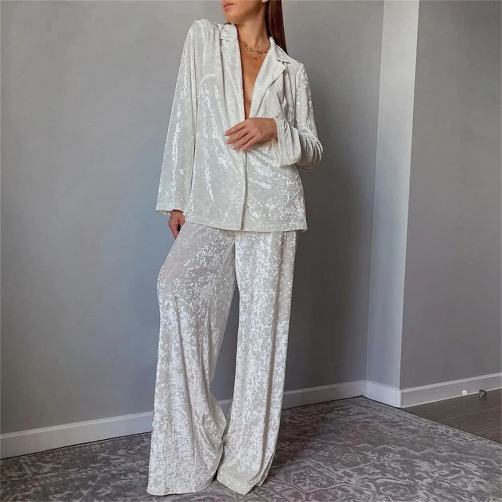 White Women 2 Piece Pants Set 2023 New in Elegant Sleepwear Home Loose Matching Sets Long Sleeve Blosue +  Wide Trousers Suit