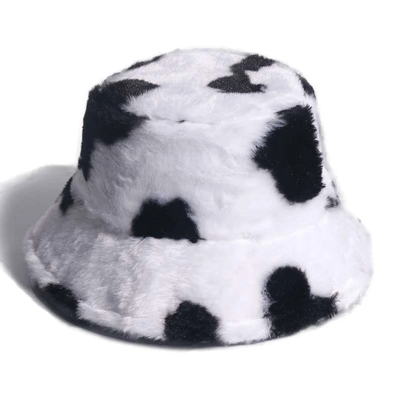 Faux Rabbit Fur Bucket Hats For Women Men Winter Cow Pattern Warm Plush Cute Fisherman Cap Gorras Para mujer Bob Wholesale