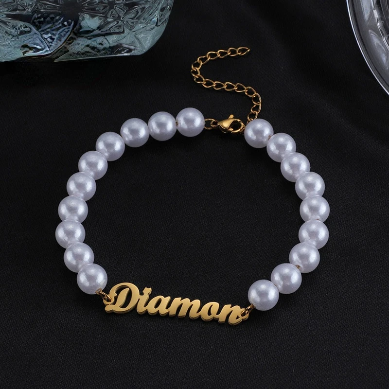 

Customized Name Stainless Steel Bracelets Personalized Initials Faux Pearl Beaded Woman Bracelet Bridal Party Prom Diy Gifts