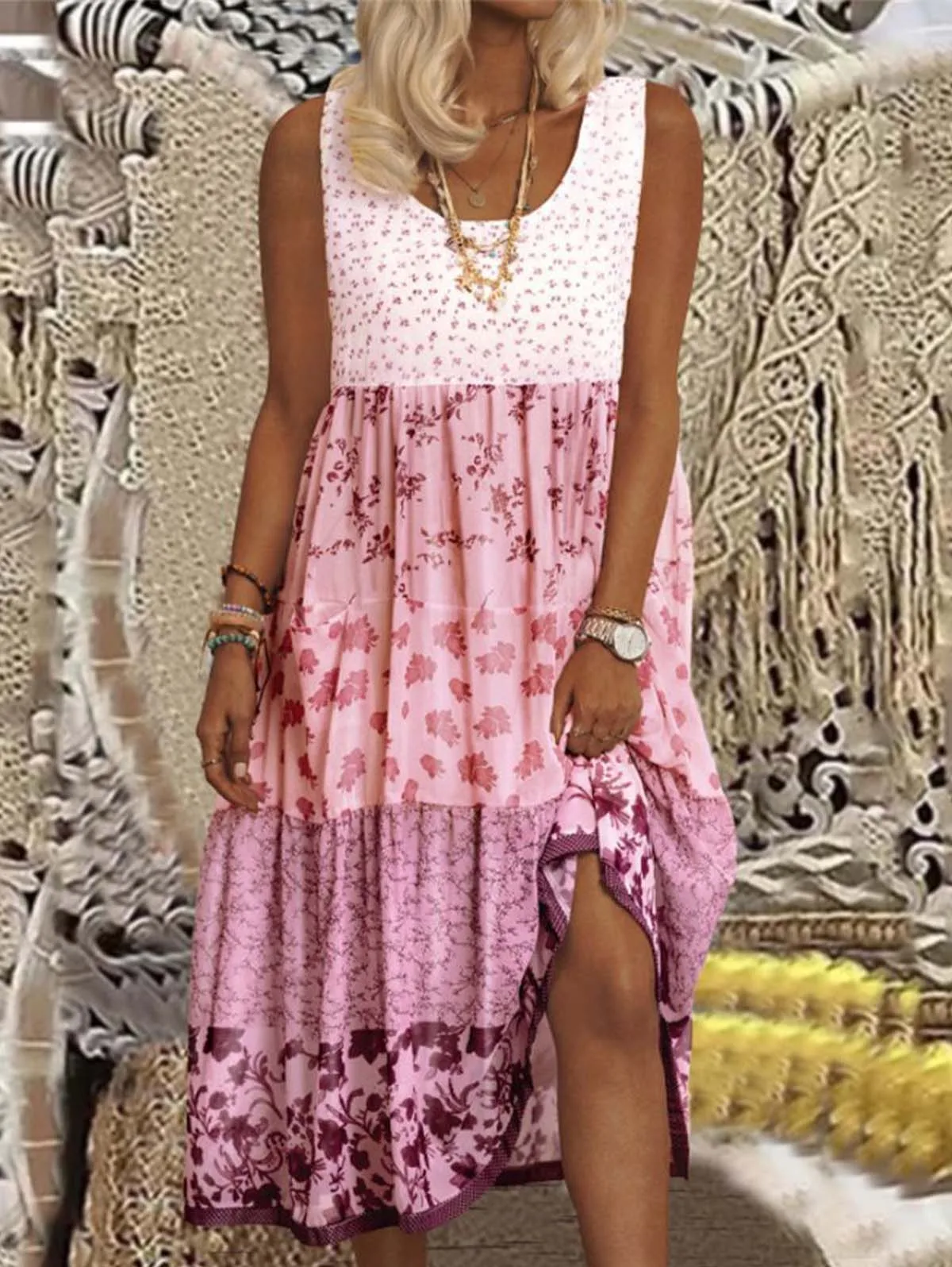 

Женское лоскутное платье с цветочным принтом, повседневное свободное пляжное платье без рукавов с V-образным вырезом, винтажные платья-Пуло...