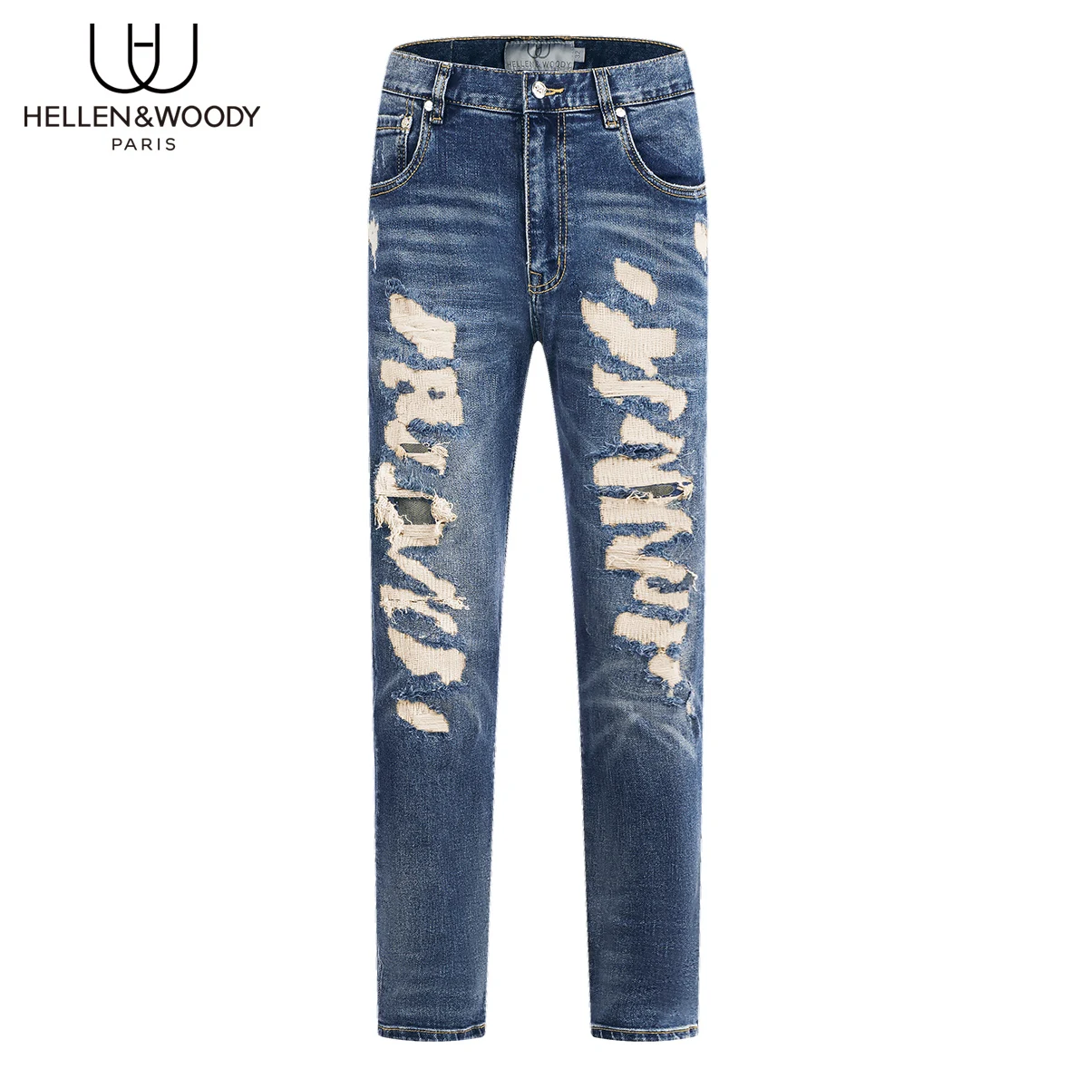 HELLEN&WOODY Men Fashion Pleated Jeans Slim Fit Straight Full Length Pants High Quality Denim Washed