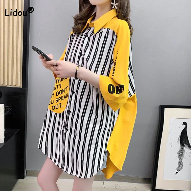 

Casual Korean Striped Spliced Polo-Neck Blouse Summer Women's Clothing Fashion Loose Letter Printed Long Sleeve Shirt Female